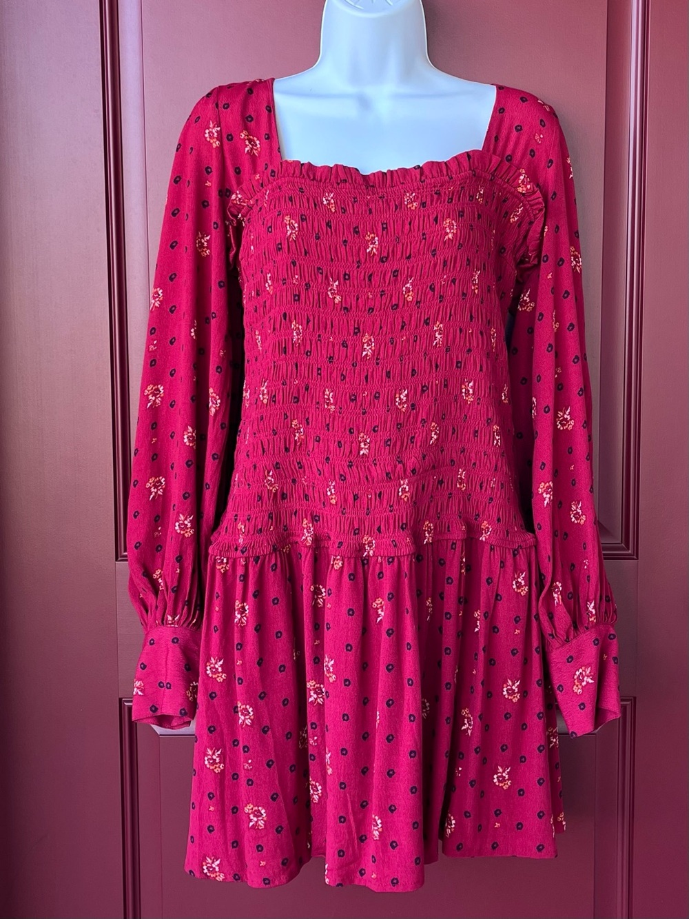 Free People Red Smocked Mini Dress